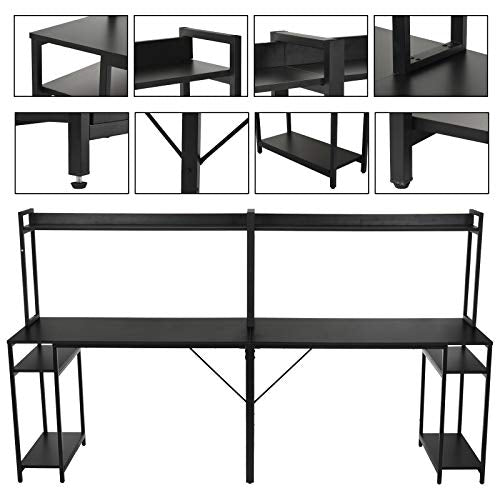 2 Person Desk, Double Computer Storage Shelves, Extra Long 2 People Pc Workstation Home Office Computer Desk with Monitor Hutch, Writing Study Gaming Table, Easy Assembly (Black)