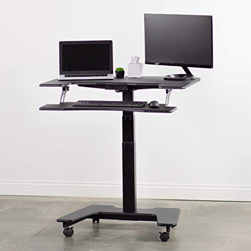 VIVO Black Electric Mobile Height Adjustable 36 inch Dual Platform Standing Desk with Wheels, Rolling Small Space Table, Sit Stand Workstation, DESK-V111VT