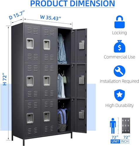 GangMei Metal Lockers with 18 Hooks & 9 Doors, Steel Storage Cabinet (Dark Grey)