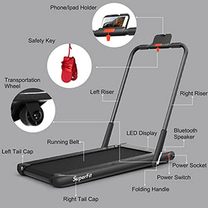 GYMAX 2 in 1 Folding Treadmill, Under Desk Electric Treadmill with LED Monitor, Remote Control, Smart App Control & Bluetooth Speaker, Flexible Running Machine for Small Space Home Gym (Black)