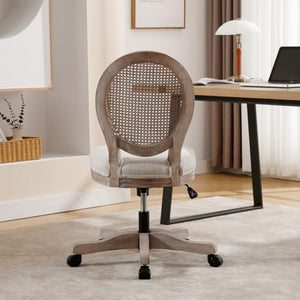 LukeAlon Rattan Back Linen Office Chair with Adjustable Height and Swivel Function