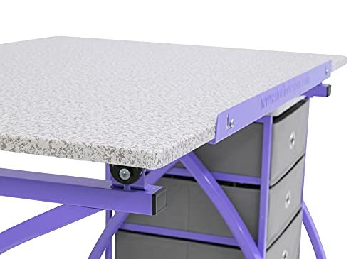 Offex The Comet Center Plus Adjustable Top Craft Table with 24" Pencil Ledge, 3 Drawers and Matching Padded Stool - Purple/Spatter Gray