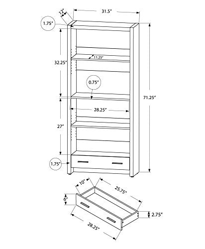 Monarch Specialties White Hollow-Core Bookcase with a Drawer, 71-Inch