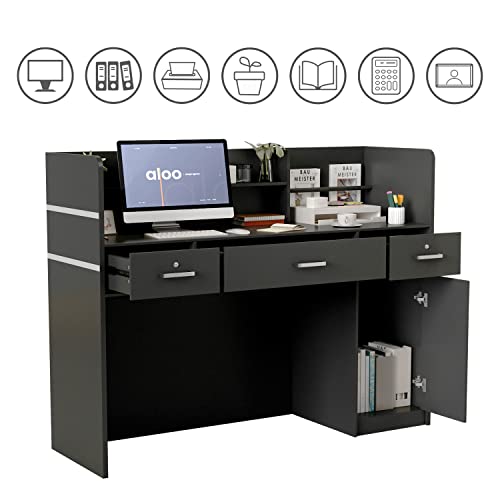 AGOTENI Reception Desk with Open Shelf & Drawers, Wooden Counter Desk for Office Reception Room (Black)