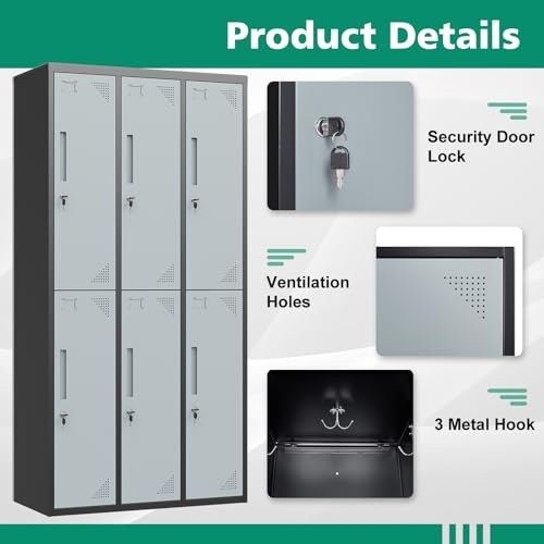 Letaya Metal Lockers for Employees, 71" Storage Cabinet with Lock, Steel Locker for Gym, School, Home, Office Staff (Black Grey, 6 Door)