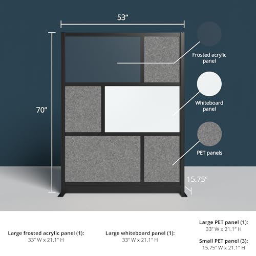 S Stand Up Desk Store Workflow Modular Wall | 53in x 70in | Room Divider with Whiteboard, Acrylic Panels, Sound Absorbent Panels | Black Frame