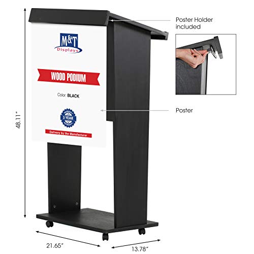 M&T Displays Black Plywood Floor-Standing Podium Lectern with Microphone Slot and Storage Shelf