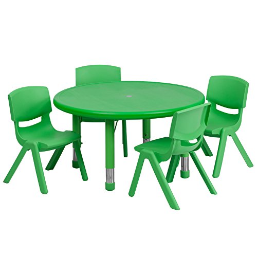 Flash Furniture 33'' Round Green Plastic Height Adjustable Activity Table Set with 4 Chairs