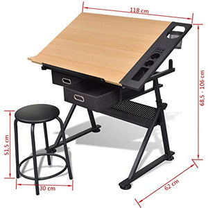 GOTOTOP Tiltable Tabletop Height Adjustable Drafting Draft Desk Drawing Table Desk Tiltable Tabletop with Stool and Storage Drawer for Reading, Writing Art Craft Work Station