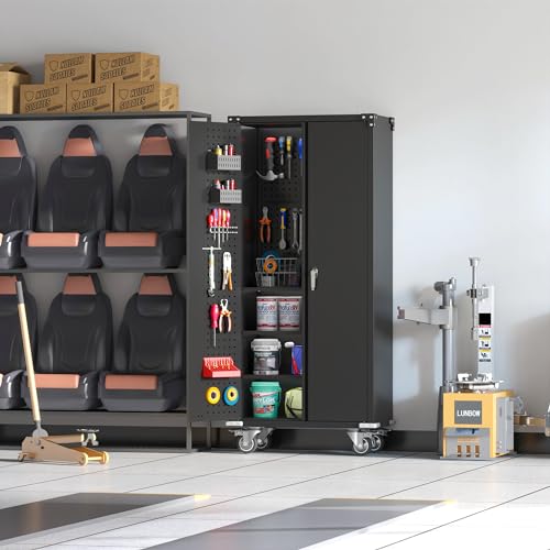 Reemoon Metal Storage Cabinet with Doors and Shelves, 71-inch Tall Lockable File Cabinet - Black
