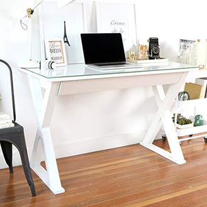 X-Frame Computer Desk White Workstation for Home Office Casual Modern Contemporary Rectangular Glass MDF Painted Drawers