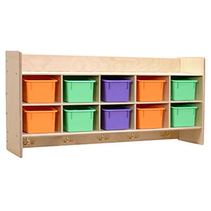 Contender 10 Section Wall Mounted Storage Cabinet with Assorted Pastel Trays, Multipurpose Playschool Furniture, Hardwood Shelf for Homeschool Supplies