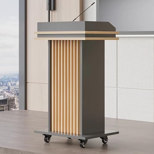 MPOWRX Mobile Laptop Podium with Wheels, Dark Gray & Natural - Modern Pulpit for Hospitality & Worship