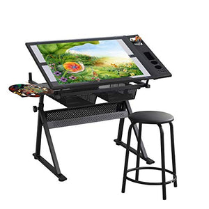 Takefuns Glass Surface Drawing Table Height Adjustable Drawing Table with Storage Drawers and Stool for Drawing, Reading, Writing Black