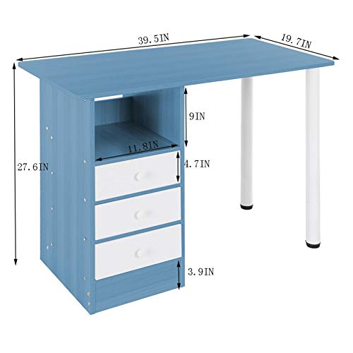 Home Office Desk, Small Space White Computer Desk Modern Office Desk Sturdy Writing Workstation Laptop Desk with 3 Drawers for Bedroom Living Room 39.5x27.6'' (# Blue)