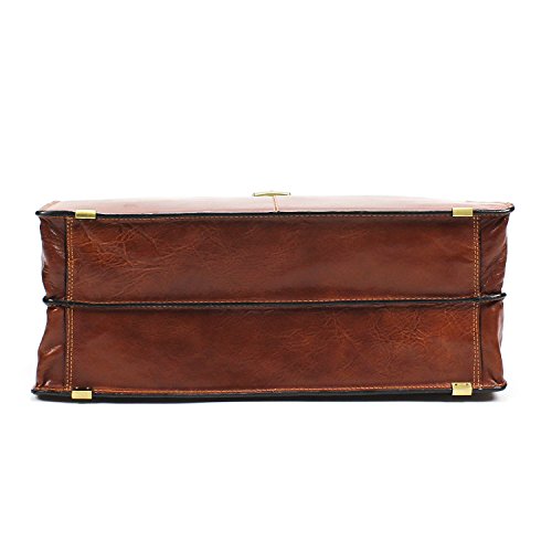 Tony Perotti Mens Italian Bull Leather Benevento Double Compartment Lawyer's Leather Laptop Briefcase in Cognac