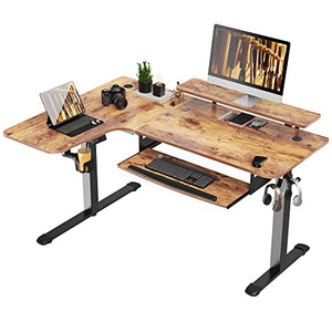 EUREKA ERGONOMIC Electric Standing Desk with Keyboard Tray, 61" L-Shaped, Adjustable Height, LED Monitor Stand - Rustic Brown