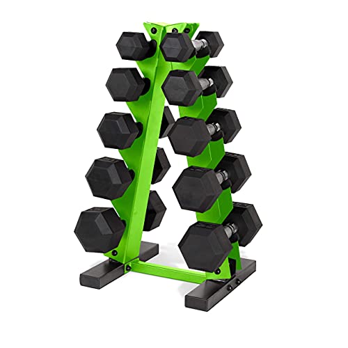 WF Athletic Supply 5-25Lb Rubber Coated Hex Dumbbell Set with A Frame Storage Rack Non-Slip Hex Shape for Muscle Toning, Strength Building & Weight Loss - Multiple Choices Available