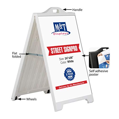 M&T Displays Street SignPro Board, 24x36 Inch Poster White Weatherproof Sandwich Board A-Frame Sidewalk Curb Sign Holder Folding Portable Double Sided Advertising Display for Restaurant Cafe (5 Pack)