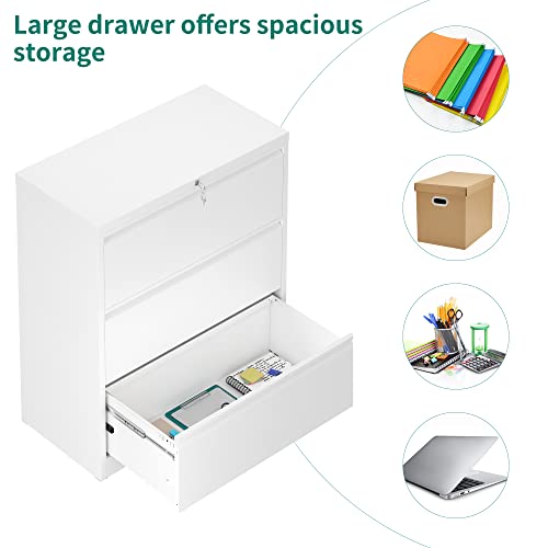 YITAHOME 3 Drawer Lateral File Cabinet with Lock, White - Legal/Letter A4 Size