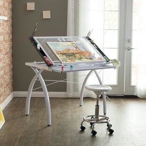 SD Studio Designs 10096 Futura Station Drafting Craft Table with Folding Shelf Top, Adjustable, White/Clear Glass