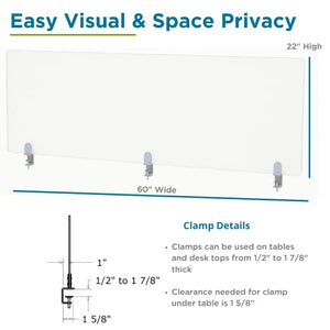 VaRoom - 60”W x 22”H Frosted Acrylic Clamp-on Desk Divider for Students