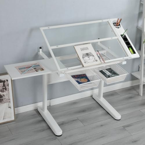 Gynsseh Glass Drafting Table with Stool, Height Adjustable, Tilting Tabletop - S2-White
