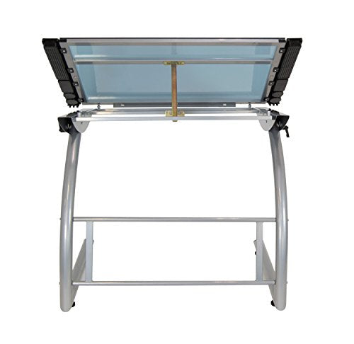 Offex Home Triflex Drawing Table, Sit to Stand Up Desk, Silver/Blue Glass