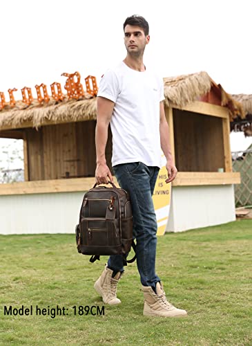 Lannsyne Men's Vintage Full Grain Leather 15.6 Inch Laptop Backpack Camping Travel 24L Rucksack