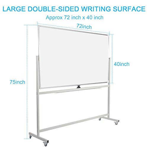 Double-Sided Large Mobile Whiteboard Magnetic Dry Erase Board, 72" X 40" Commercial Grade Quality, Aluminium Frame with Quick Flip Over Feature