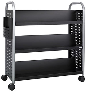 Safco Double-Sided Book Cart - 6 Slanted Shelves, Swivel Wheels, Steel Construction - 300 lb. Capacity - Black, 5335BL