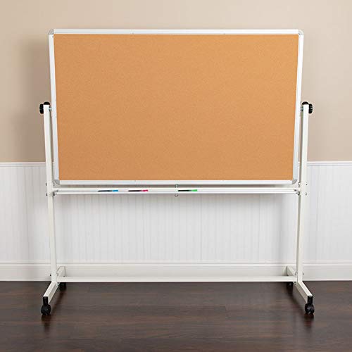Offex 20" L x 64.25" W x 64.75" H Reversible Mobile Cork Bulletin Board and White Board with Pen Tray
