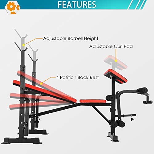 Hicient Olympic Weight Bench with Preacher Curl & Leg Developer for Weight Lifting and Strength Training, 6 Levels Adjustable Professional Weight Bench Set for Indoor Exercise (Red)
