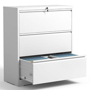 Yukimo Metal Lateral File Cabinet with Lock, 3 Drawer Storage, White