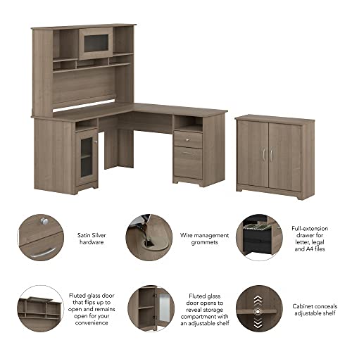 Bush Furniture Cabot 60W L Shaped Desk with Hutch, Storage Cabinet - Ash Gray