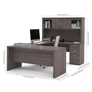 Pemberly Row 66" U-Shaped Desk with Hutch, File, and Bookcase in Bark Gray