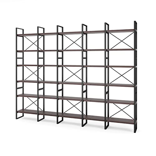 Generic 6-Tiers Dark Walnut Room Divider Bookcase 85" H X 12.6" W Black Brown Industrial Contemporary Metal Finish