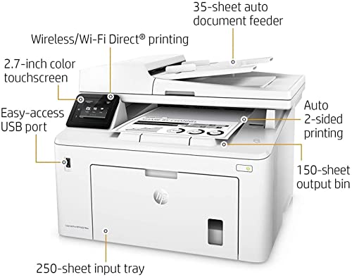 HP Laserjet Pro MFP M227fdw C All-in-One Wireless NFC Ethernet Monochrome Laser Printer, White - Print Scan Copy Fax - 30 ppm, 1200x1200 dpi, 8.5 x 14, Auto Duplex Printing, 35-Sheet ADF