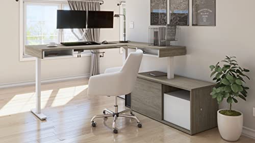 Bestar Pro-Vega L-Shaped Standing Desk with Dual Monitor Arm and Credenza, 81W, Walnut Grey & White