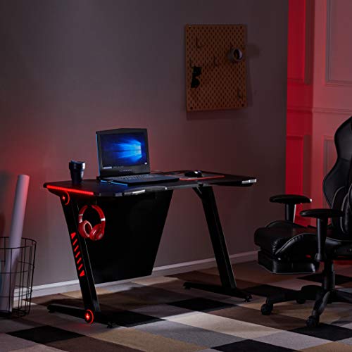 Gaming Desk LED Lights Z-Shaped Ergonomic Computer Desk Comfortable for PC Gamers Home Office Racing Table Workstation with RGB LED Lights, Headphone Hook (47.2" L x 27.6" W x 30.7" H)