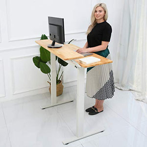 SDADI Electric Height Adjustable Standing Desk- 2 Tier Sit to Stand Office Desk Workstation with Rubber Wood Desk Top and Heavy Duty Steel Frame, White Frame/Light Grain Top