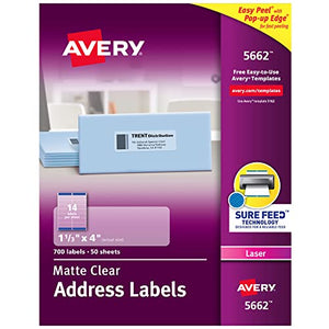 Avery Matte Clear Address Labels, Sure Feed Technology, Laser, 1-1/3" x 4", 700 Labels, 5 Packs (5662)