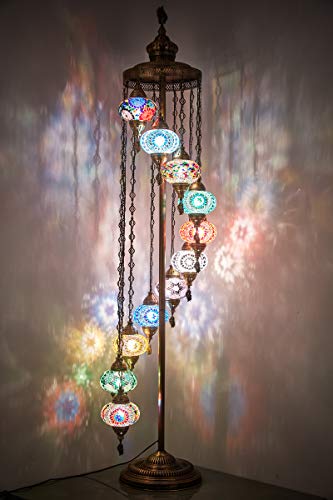 DEMMEX Turkish Moroccan Mosaic Tiffany Floor Lamp, 11 Big Size Globes, Handmade in Turkey, 7ft