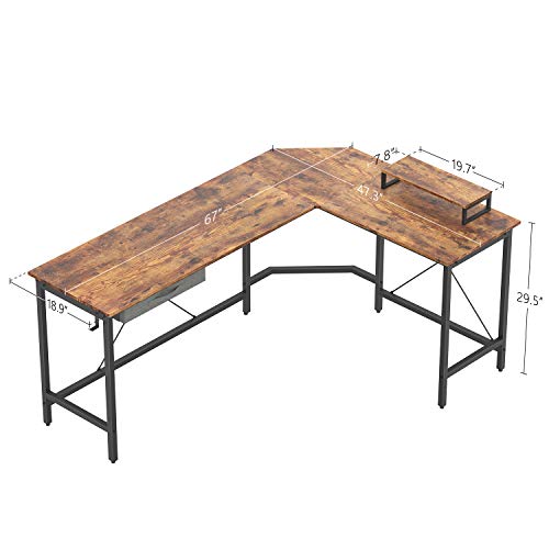 CubiCubi L-Shaped Desk Computer Corner Desk, Home Office Gaming Table, Sturdy Writing Workstation with Small Table, Space-Saving, Easy to Assemble, Rustic Brown