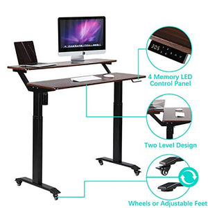UNICOO - Electric Height Adjustable Standing Desk, Electric Standing Workstation Home Office Sit Stand Up Desk with 4 Pre-Set Memory Led Display Controller (Mahogany Top/Black Legs - Electric-2 Tier)