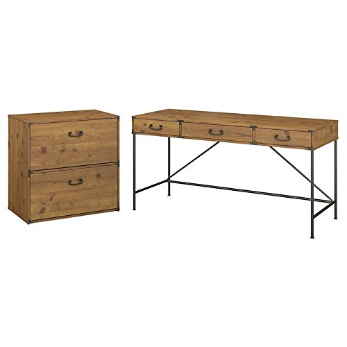 kathy ireland Home by Bush Furniture Ironworks 60W Writing Desk with Lateral File Cabinet in Vintage Golden Pine