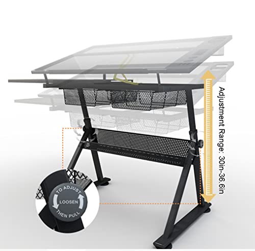 CYYTLFSD Glass Drafting Table Art Desk with Drawers and Chair