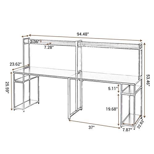 Large Home Office Desk Double Workstation Desk, Extra Long Two Person Computer Desk with Storage Shelves and Hutch,Spacious Tabletop, Multifunction Writing Study Table for Two Person (Brown)