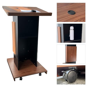 Mecpramy Wooden Podium with Storage & Lockable Wheels, Mic Stand Space - Elegant Design for Restaurants, Churches, Seminars, Schools