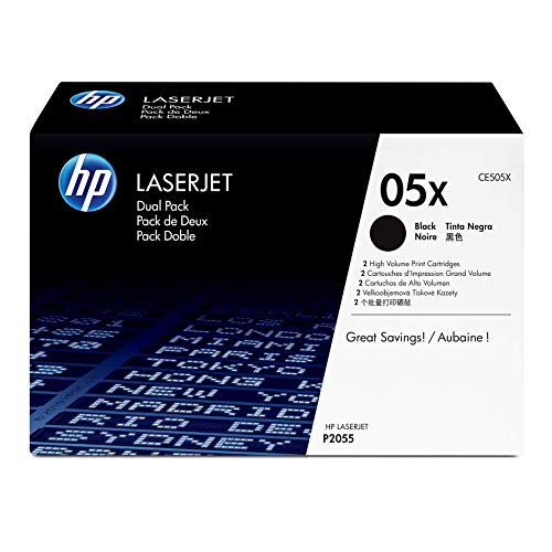HP 05X (CE505X) Black Toner Cartridge High Yield, 2 Toner Cartridges (CE505XD) for HP P2055 P2055d P2055dn P2055x